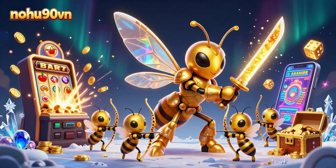 Noh90vn casino adventure with a golden hornet samurai and bee archers amidst jackpot explosions.