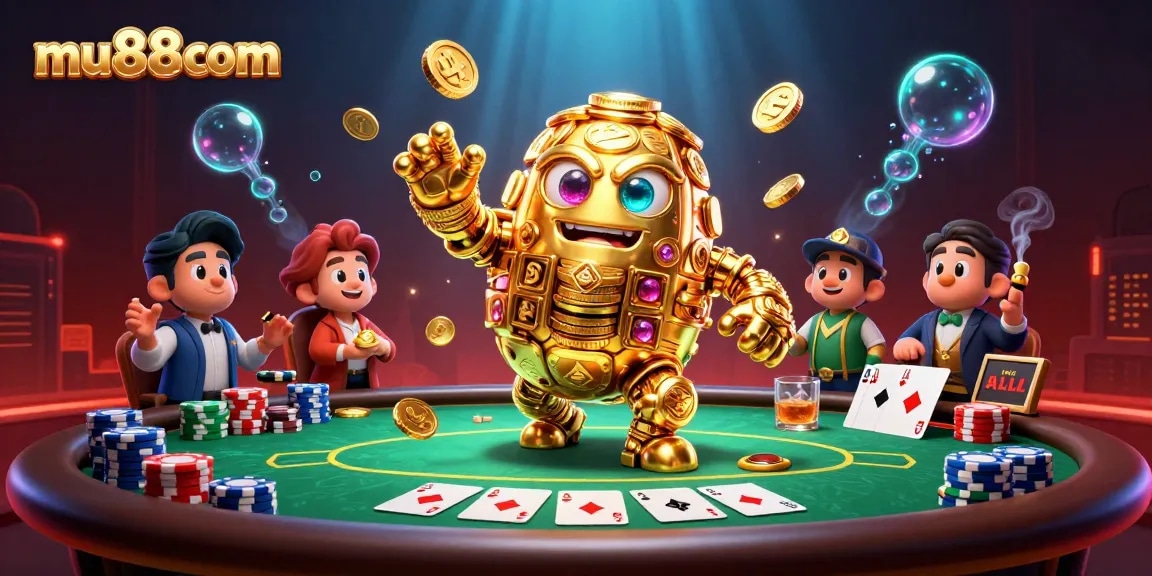 Engage in thrilling poker action with mu88com's vivid casino illustration featuring a golden golem.