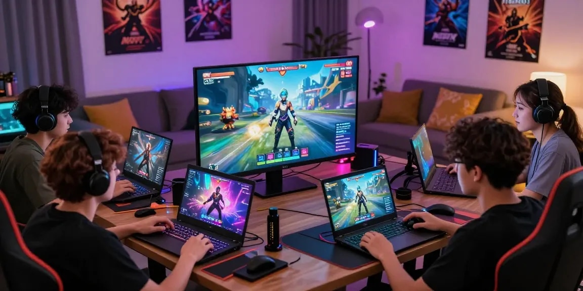 Diverse group enjoying the latest nsfw ai game on a large screen in a vibrant gaming room.