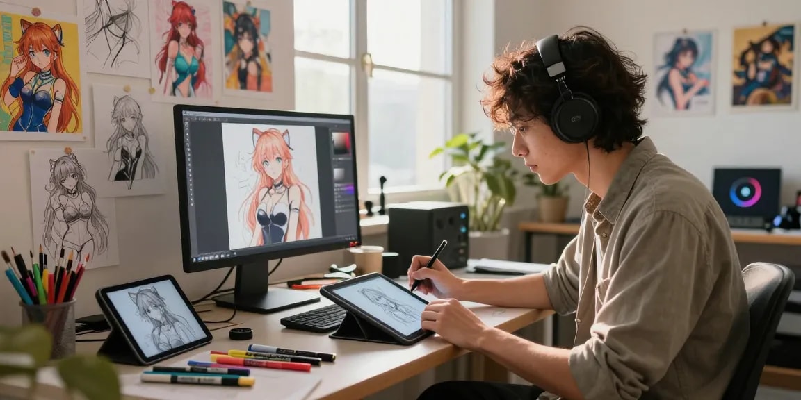 Creating stunning AI ecchi character designs in a vibrant digital art studio.