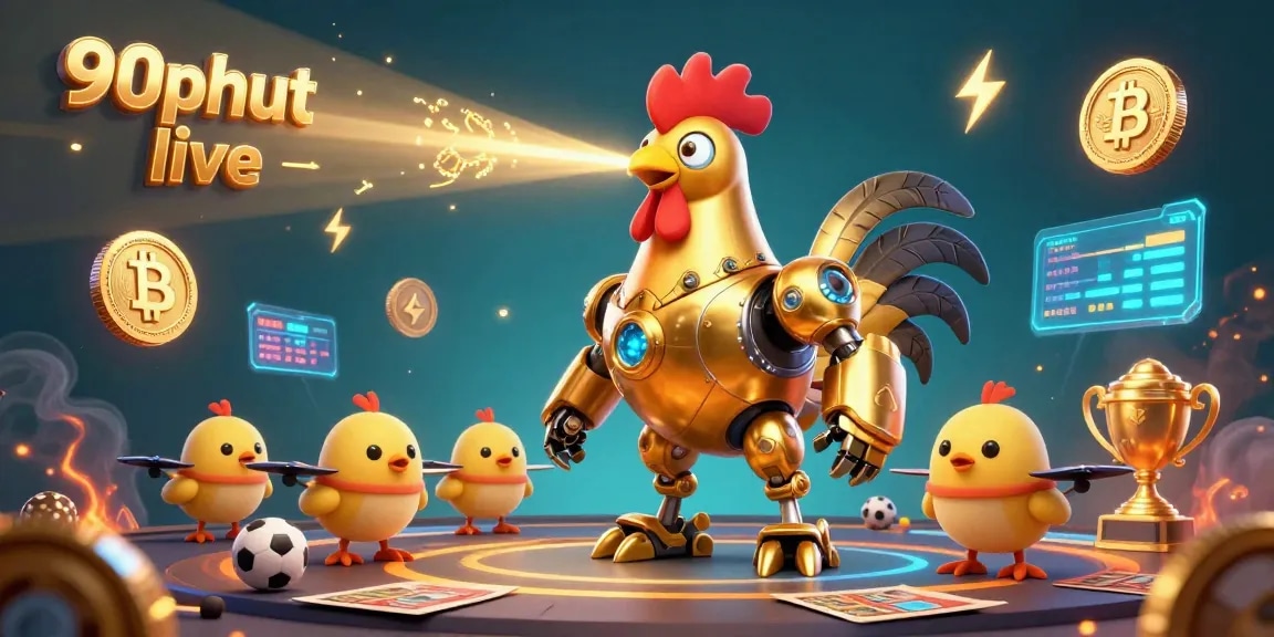 Experience exciting sports betting with 90phut live featuring a golden rooster robot and baby chick drones.