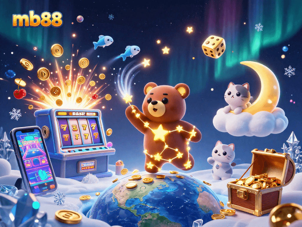 Experience mb88's vibrant casino world with a constellation bear amidst a jackpot explosion of coins.