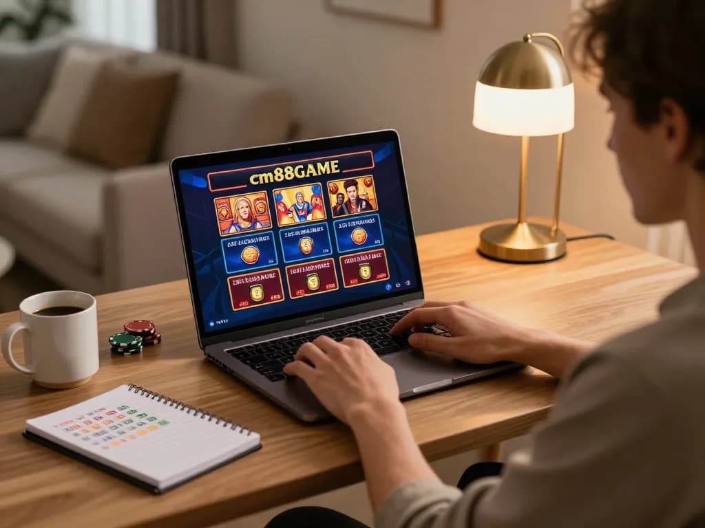 Player engaging in cm88game online gaming with a laptop, warm home setting showcasing responsible gambling