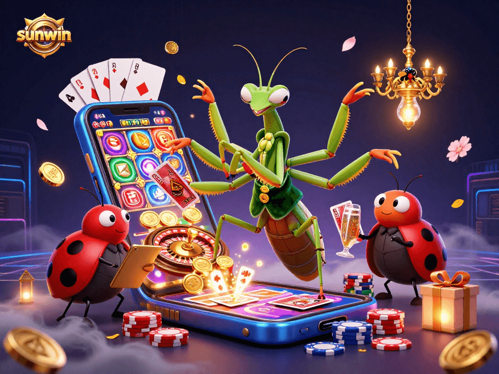Engage with sunwin's vibrant 3D casino scene featuring an animated mantis and ladybug sharing excitement over cards and chips.