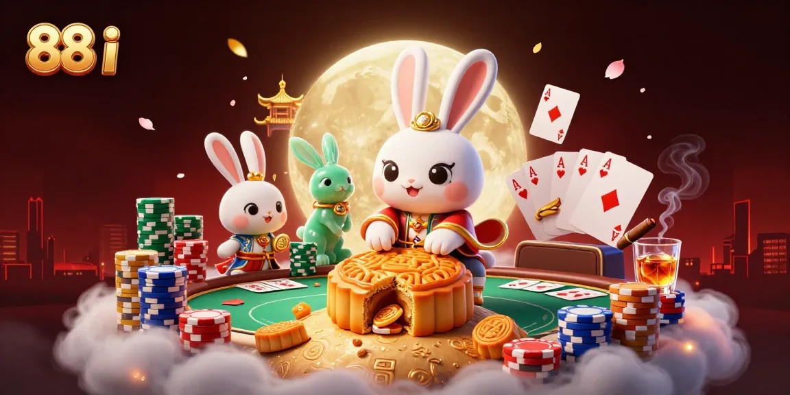 Bet with confidence at 88 i featuring a moon rabbit surrounded by poker elements in a vibrant casino scene.