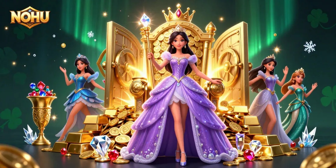 Engage with the stunning NOHU scene featuring a regal Asian princess, sparkling jewels, and dynamic casino elements.