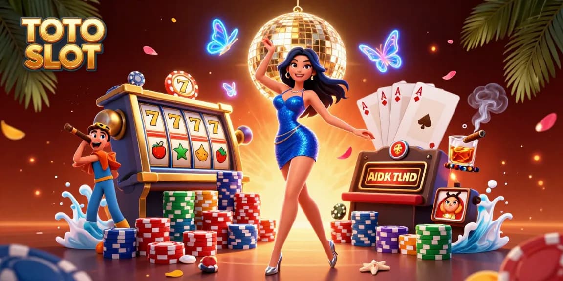 TOTO SLOT showcases a glamorous dancer amidst vibrant 3D slot reels and poker chips, elevating the gaming atmosphere.
