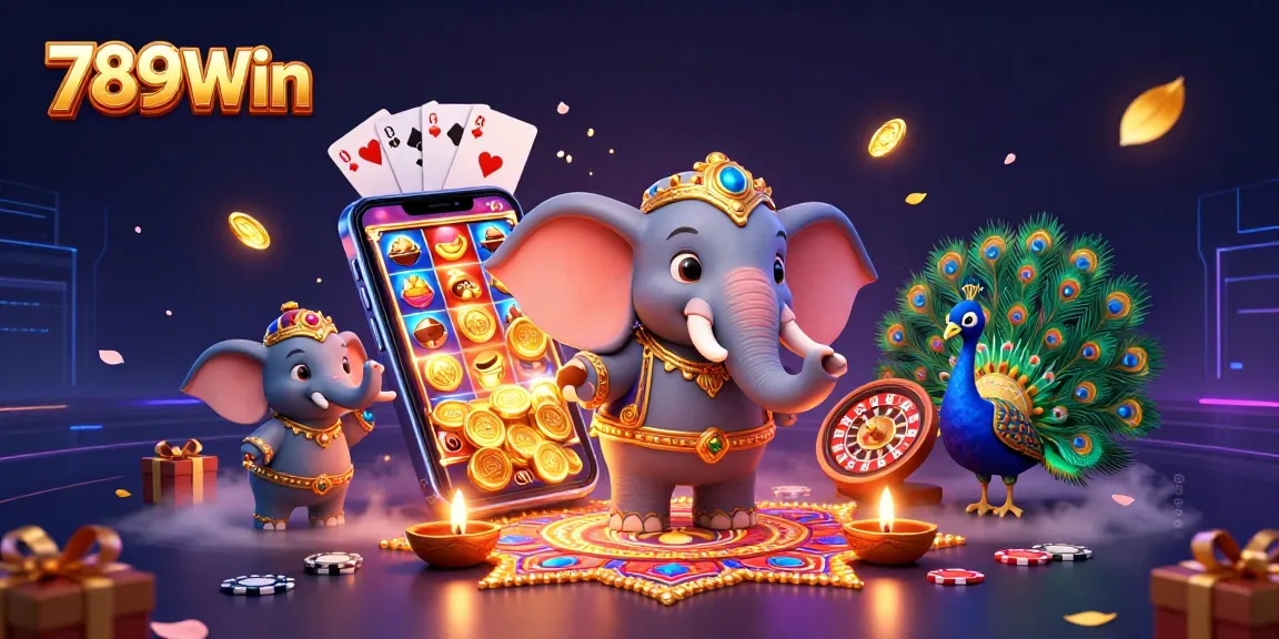 Engage in vibrant casino gaming at 789Win with animated elephants, slots, and festive decorations.