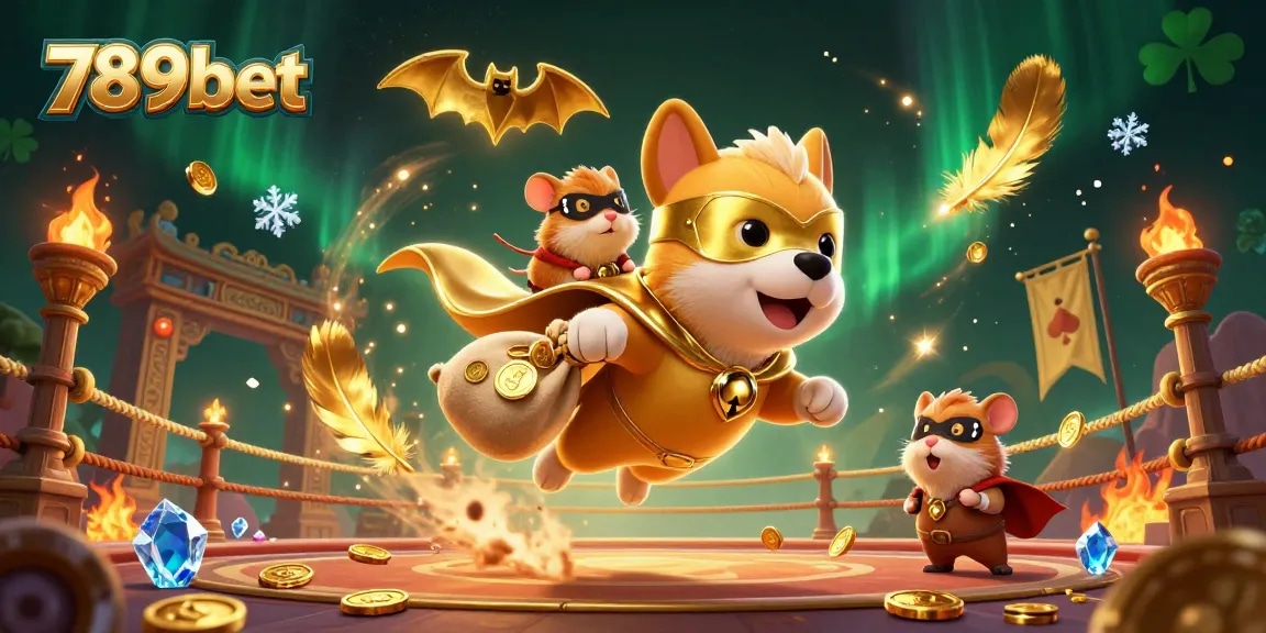 Engage with 789bet's vibrant scene featuring a superhero dog and sidekick, vibrant casino elements abound.