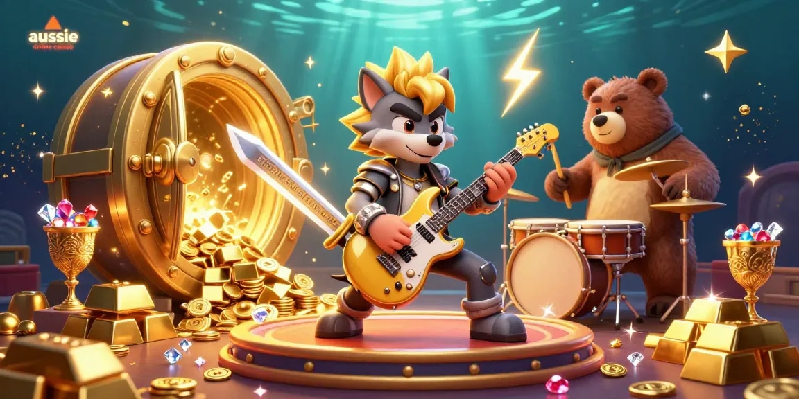 Aussie online casino illustration featuring a rock star wolf with electric guitar and a drummer bear amid vibrant casino elements.