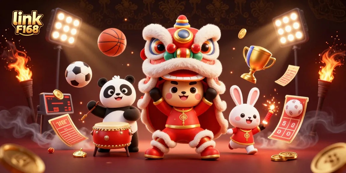 Join the excitement at link F168 with a vibrant 3D illustration showcasing a lively lion dance and sports betting elements.