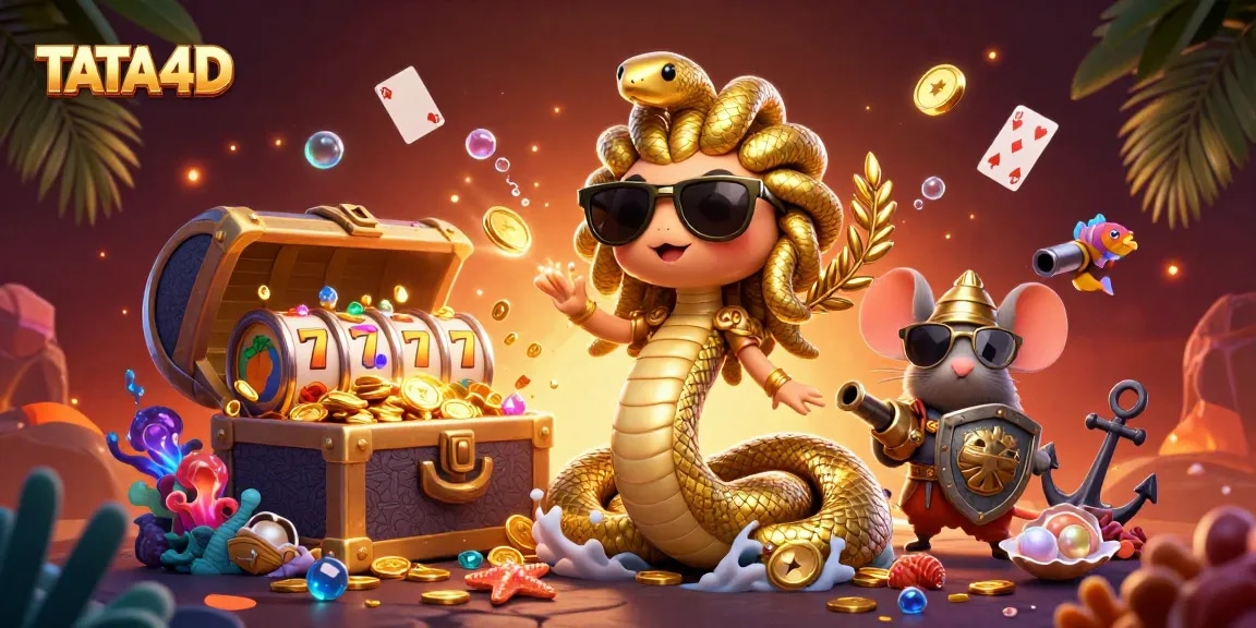 TATA4D players winning big at the slot reels with friendly characters and vibrant gems.