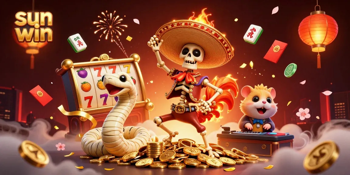 Win big with sun win slots featuring a vibrant mariachi rooster and festive casino elements.