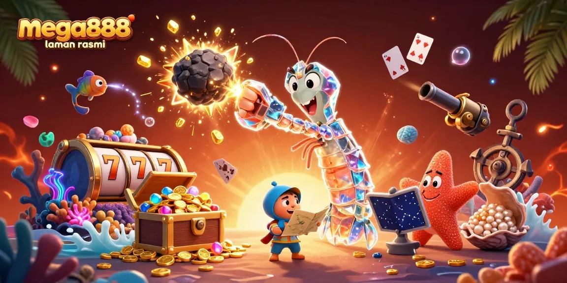 Mega888 laman rasmi vibrant casino scene with a galactic samurai mantis shrimp bursting through gems and coins.