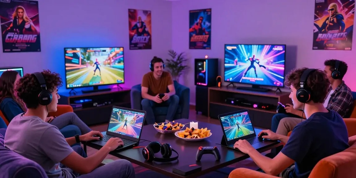 Friends enjoying online sex games together in a vibrant gaming lounge with colorful ambient lighting.