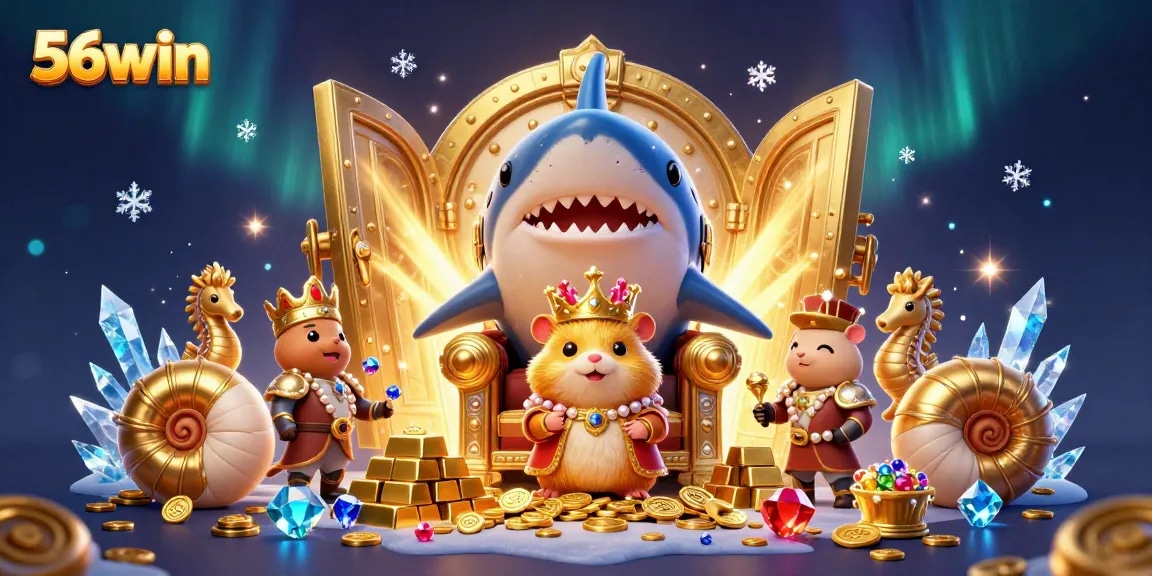 Win big on 56win with fierce golden hamster king and treasure vault in vibrant illustration.