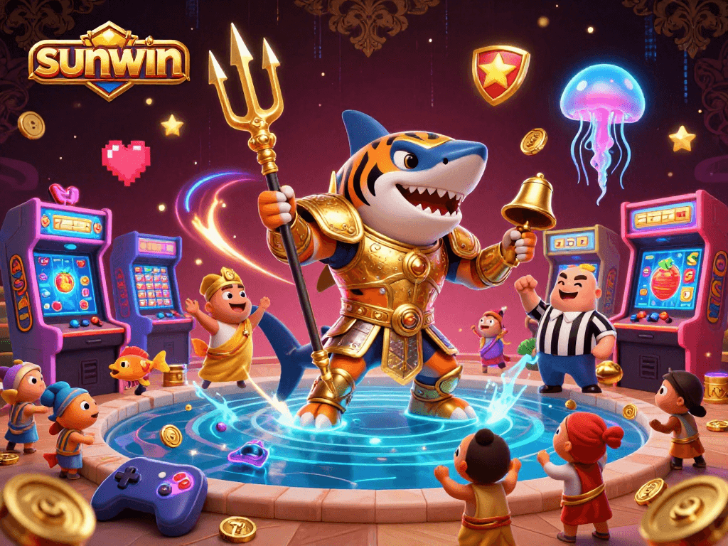 Engage with sunwin's vibrant online slots experience featuring a golden gladiator shark and dynamic gaming elements.