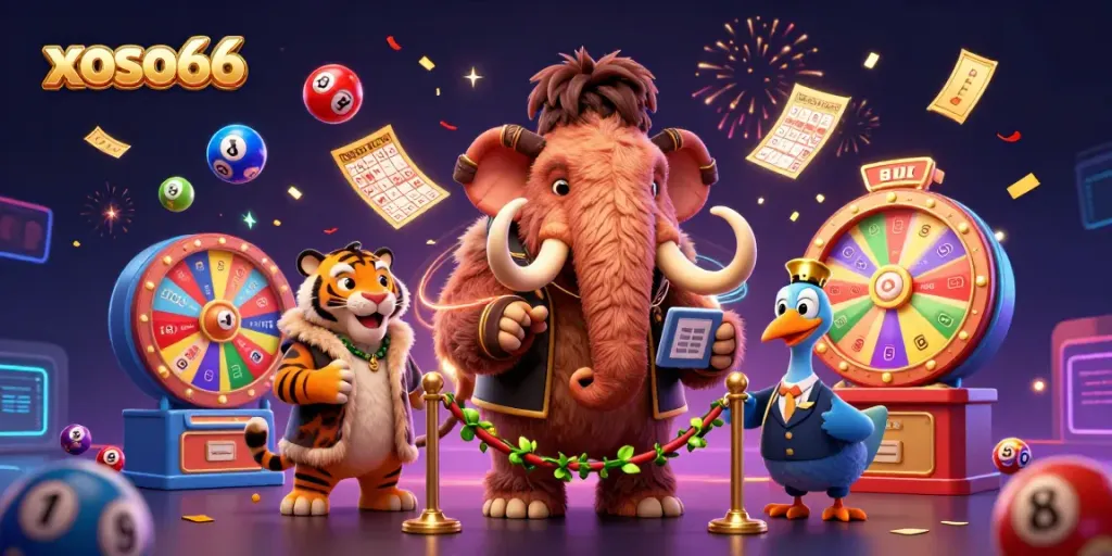 Engage with xoso66's exciting online lottery experience featuring colorful lottery balls, a dynamic casino scene, and vibrant characters.