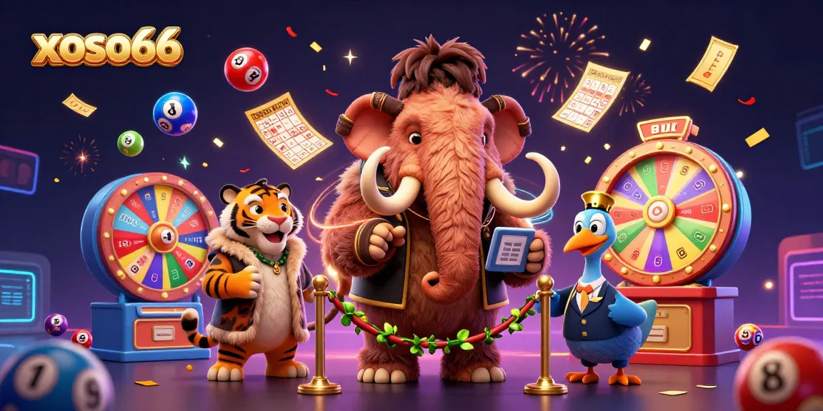 Engage with xoso66's exciting online lottery experience featuring colorful lottery balls, a dynamic casino scene, and vibrant characters.