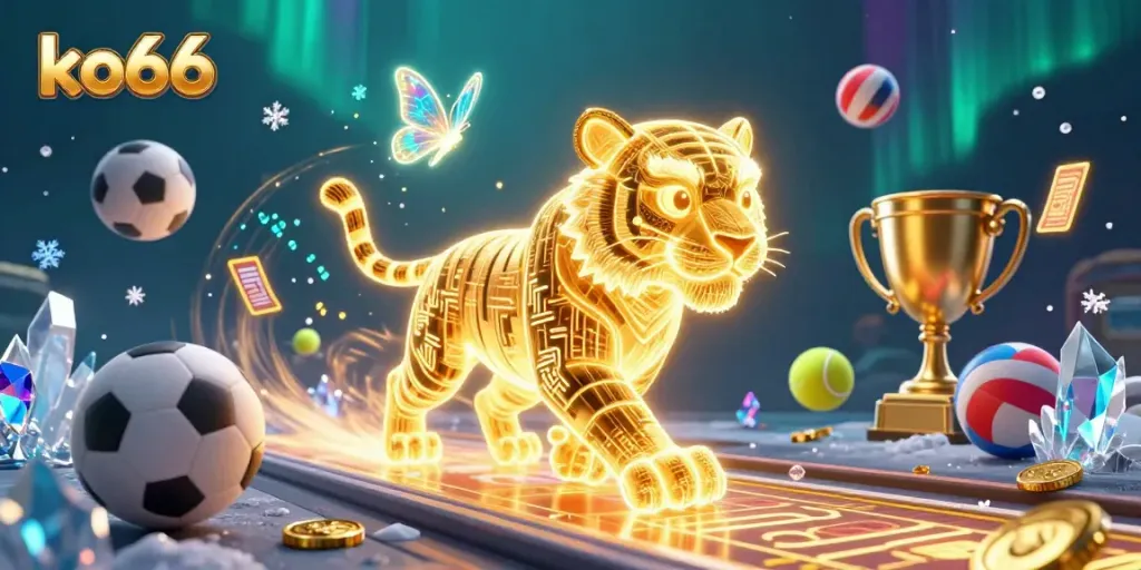 Experience thrilling gameplay with ko66’s dazzling digital casino landscape animated by a golden tiger and holographic butterflies.