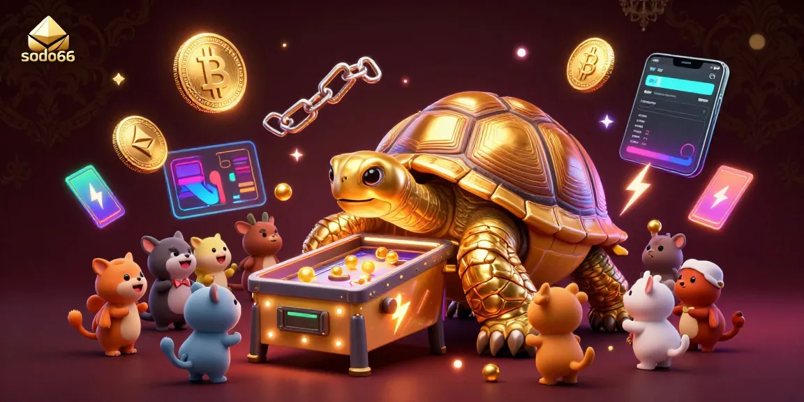 Sodo66 offers an engaging gaming experience, featuring a colossal tortoise pinball machine and vibrant crypto elements.