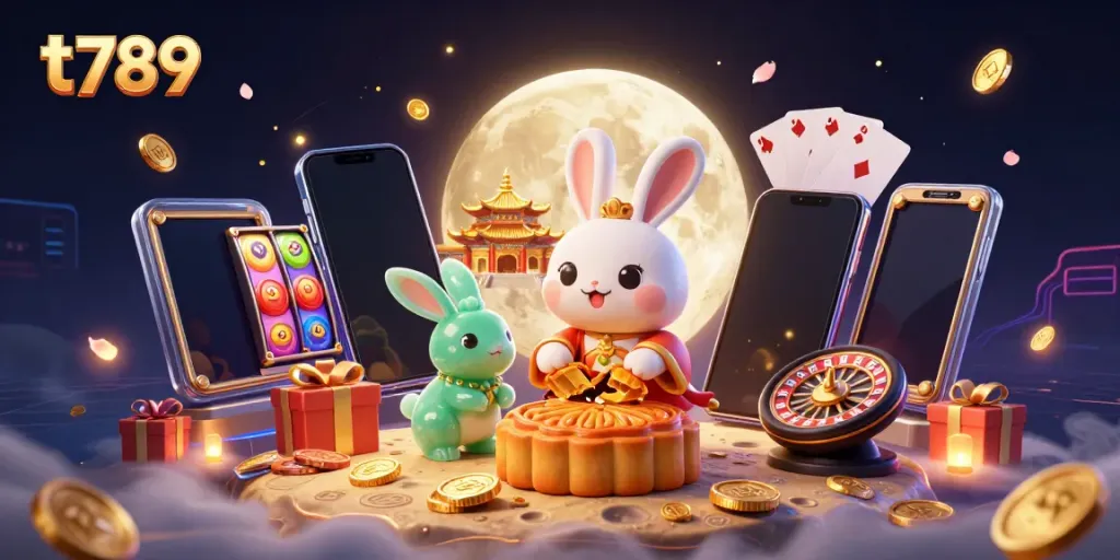 Experience the t789 online casino magic with a moon rabbit revealing poker chips, surrounded by vibrant gaming elements.