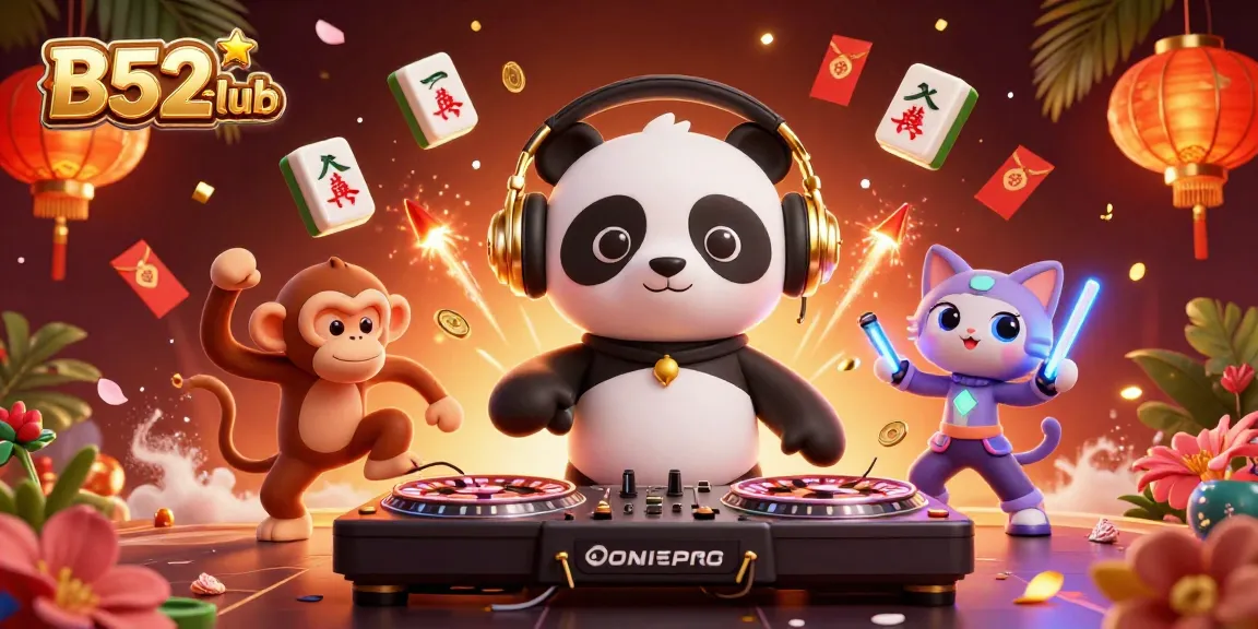 Experience exciting games at B52club in a vibrant, dynamic casino scene featuring playful characters.