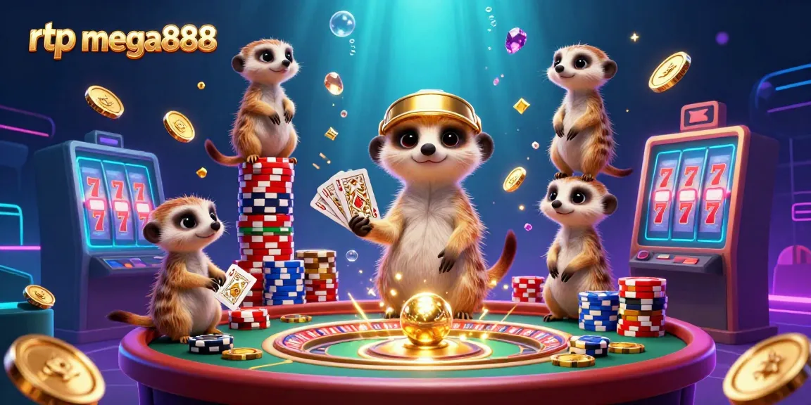 Engage with the rtp mega888 experience featuring meerkats managing a vibrant casino amid dazzling cards and chips.