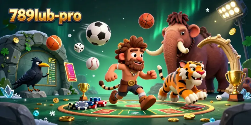Bet on exciting outcomes with 789lub-pro in a dynamic prehistoric casino scene filled with sports elements.