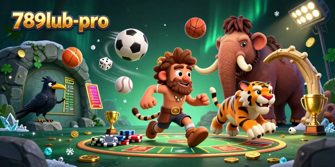 Bet on exciting outcomes with 789lub-pro in a dynamic prehistoric casino scene filled with sports elements.