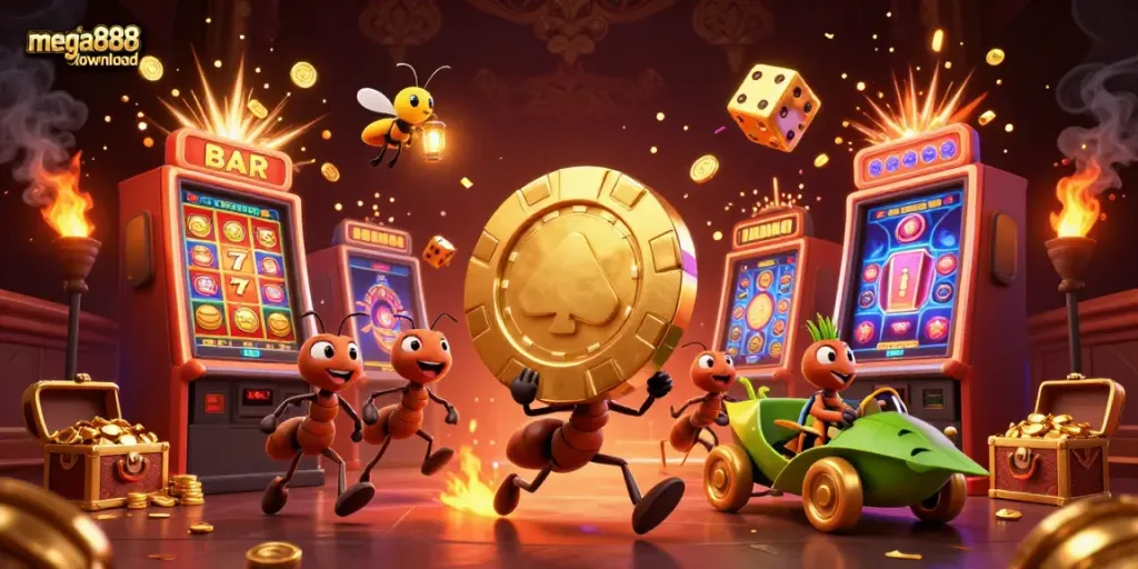Experience the excitement with mega888download as cartoon ants carry a giant poker chip in a vibrant casino scene.