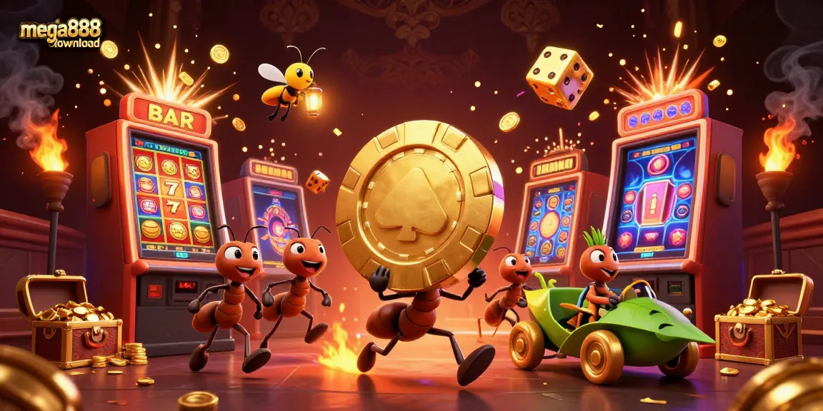 Experience the excitement with mega888download as cartoon ants carry a giant poker chip in a vibrant casino scene.