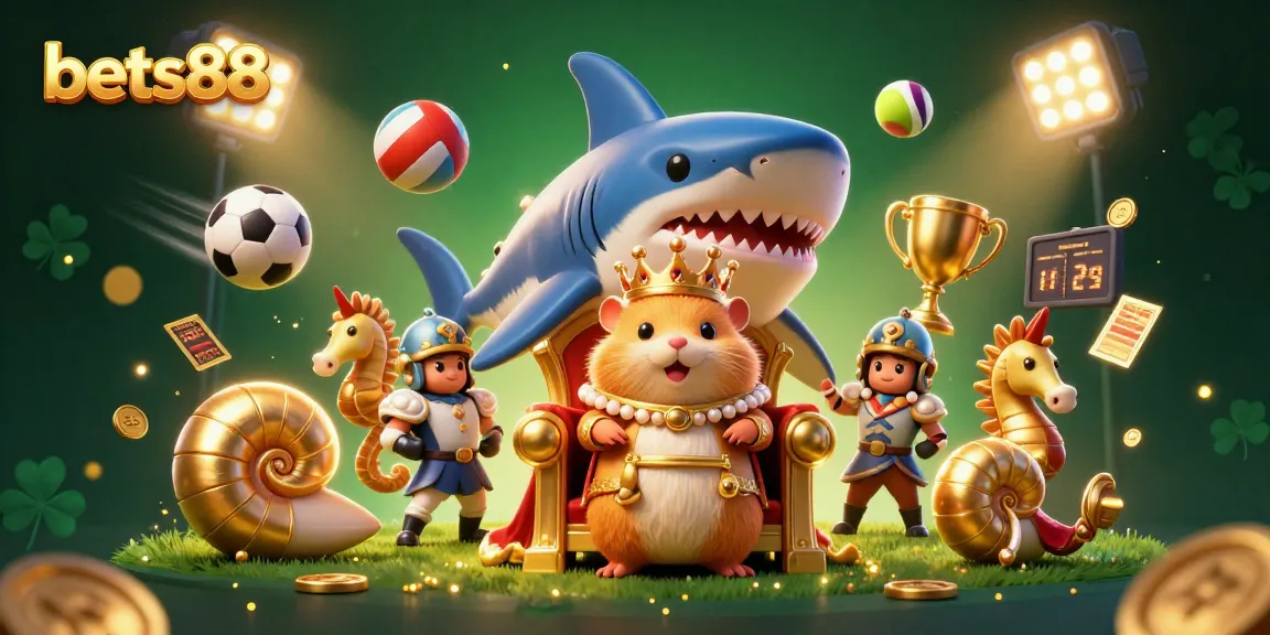 Bets88 showcases a golden hamster king amidst dynamic sports betting elements in a vibrant casino illustration.