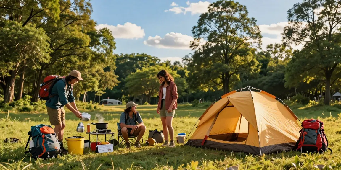 Group setting up camping gear at a beautiful site, embracing the spirit of rokok88 adventures.