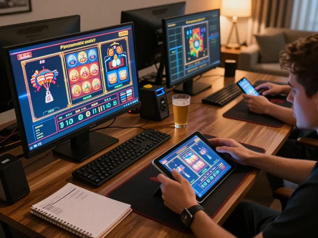 Engaging in Pragmaticplay slots on multiple screens in a modern home casino setup showcasing strategic gameplay
