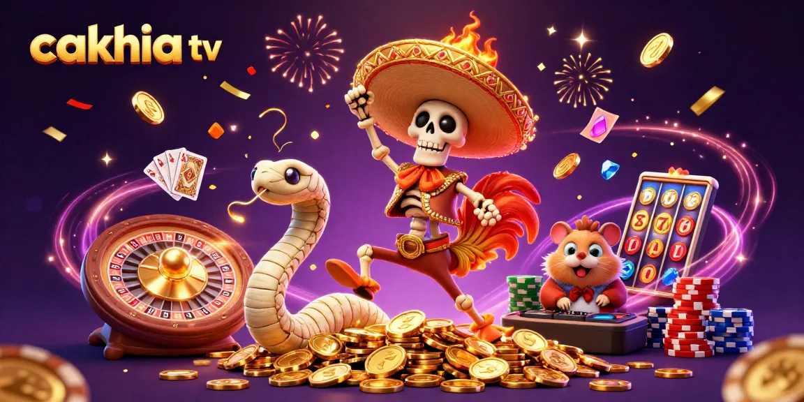 Experience cakhia tv's thrilling game atmosphere with festive 3D characters celebrating victories in a casino.
