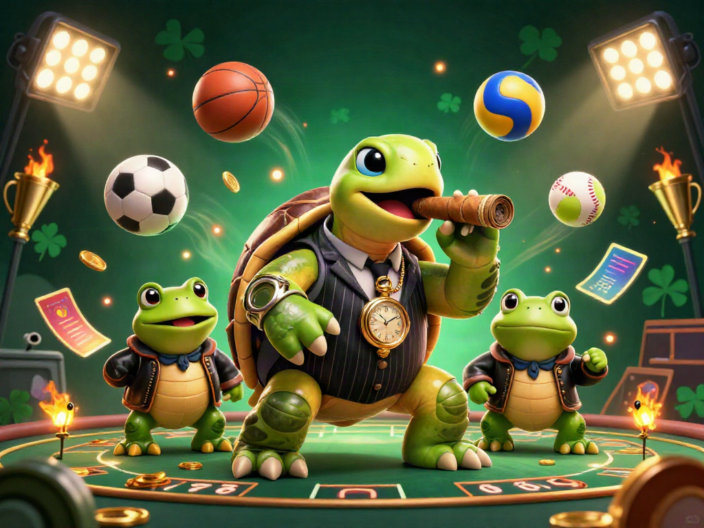 Xoilac showcases a vibrant scene with a turtle mobster and frog enforcers celebrating victory in a dynamic sports betting atmosphere.