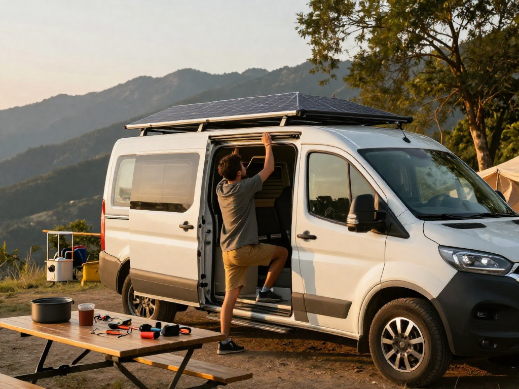 Campervan solar setup with rokok88 tools at campsite.