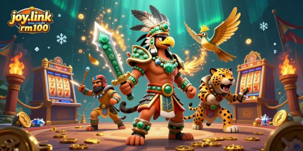 Play and win with joy.link free credit rm100 in a vibrant 3D casino illustration featuring dynamic characters and action.