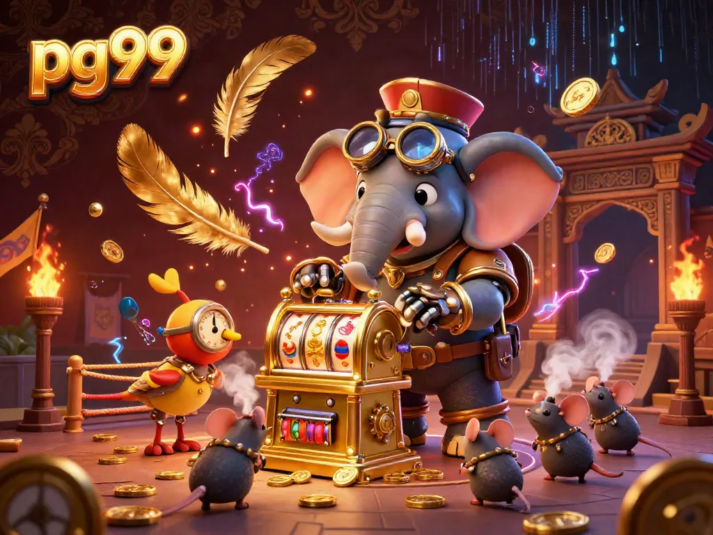 Spin the golden slot machine with pg99 as the steampunk elephant engineer conjures a vibrant casino scene.