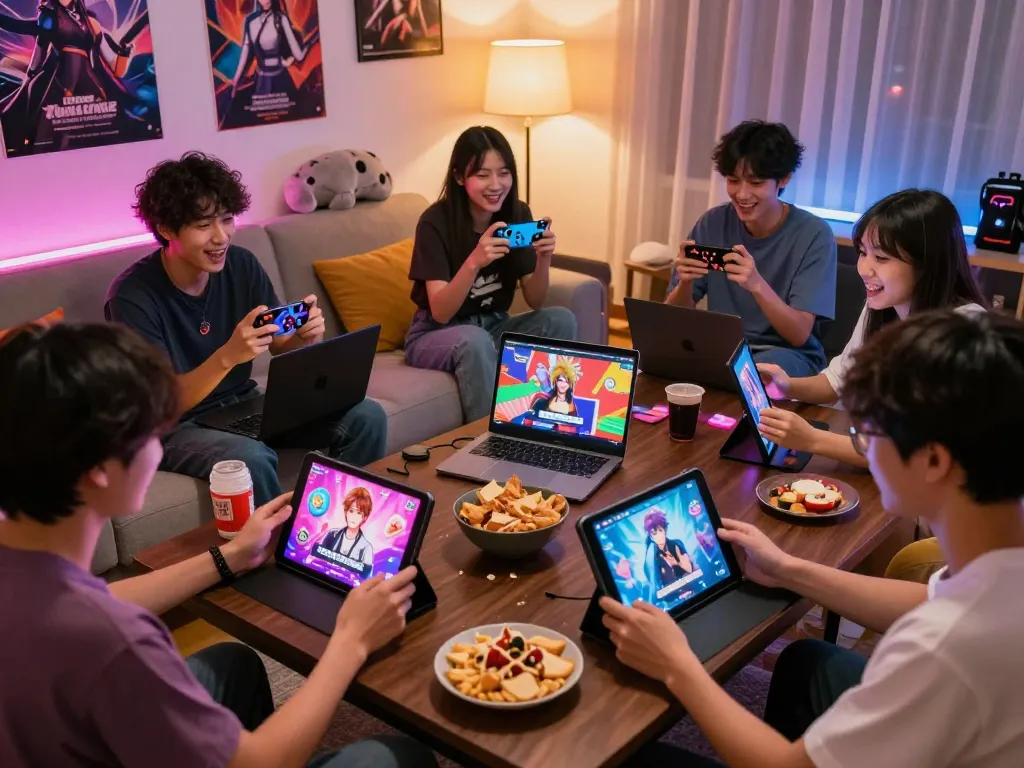 Players immersed in diverse adult visual novels, enjoying porn games in a cozy living room.