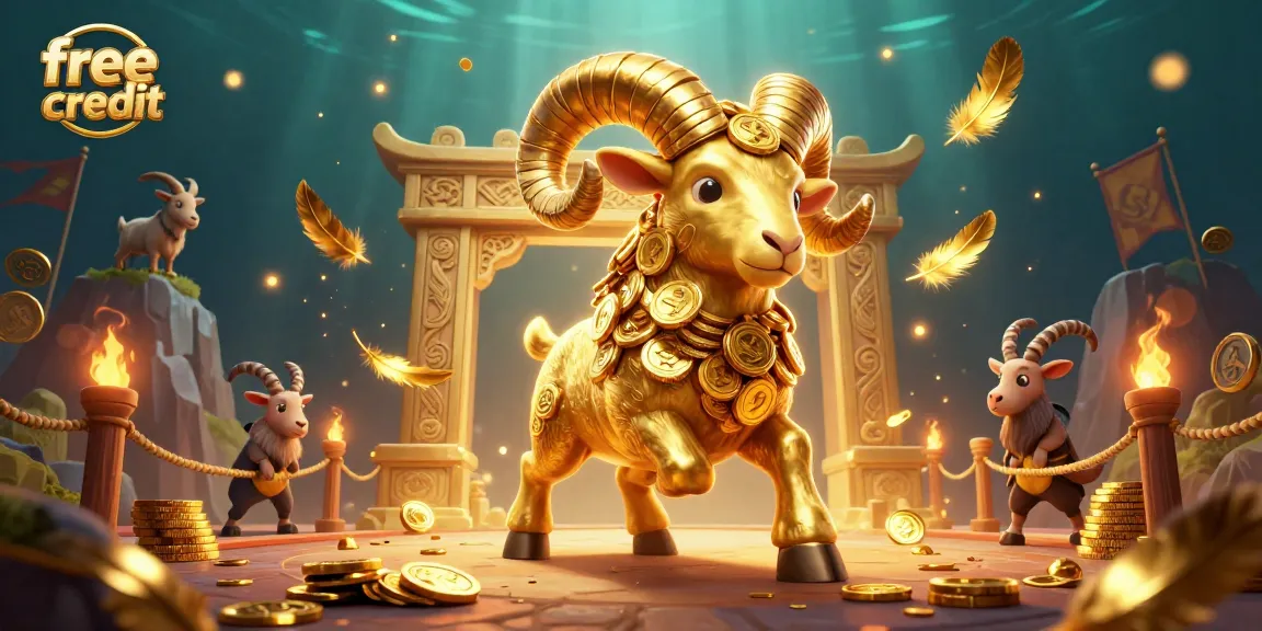 Experience the thrill of free credit bonuses in this dynamic casino scene with a golden ram charging through a vibrant arena.