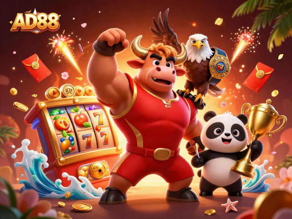 Experience thrilling victories at AD88 with a vibrant scene of winning symbols and characters.