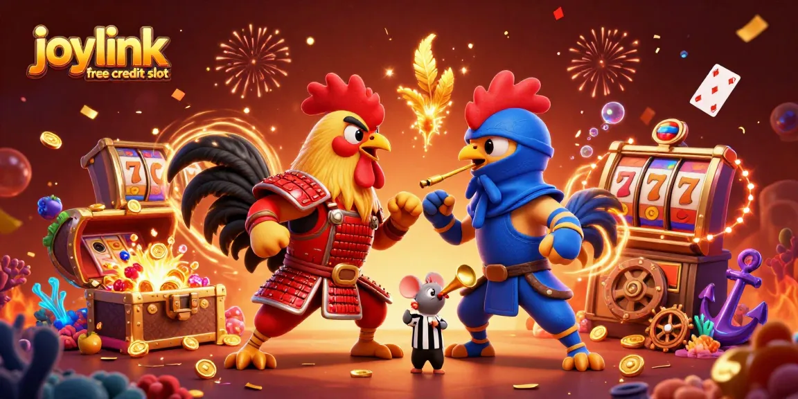 Slot machine excitement with joylink free credit slot cartoon characters in a vibrant casino scene.