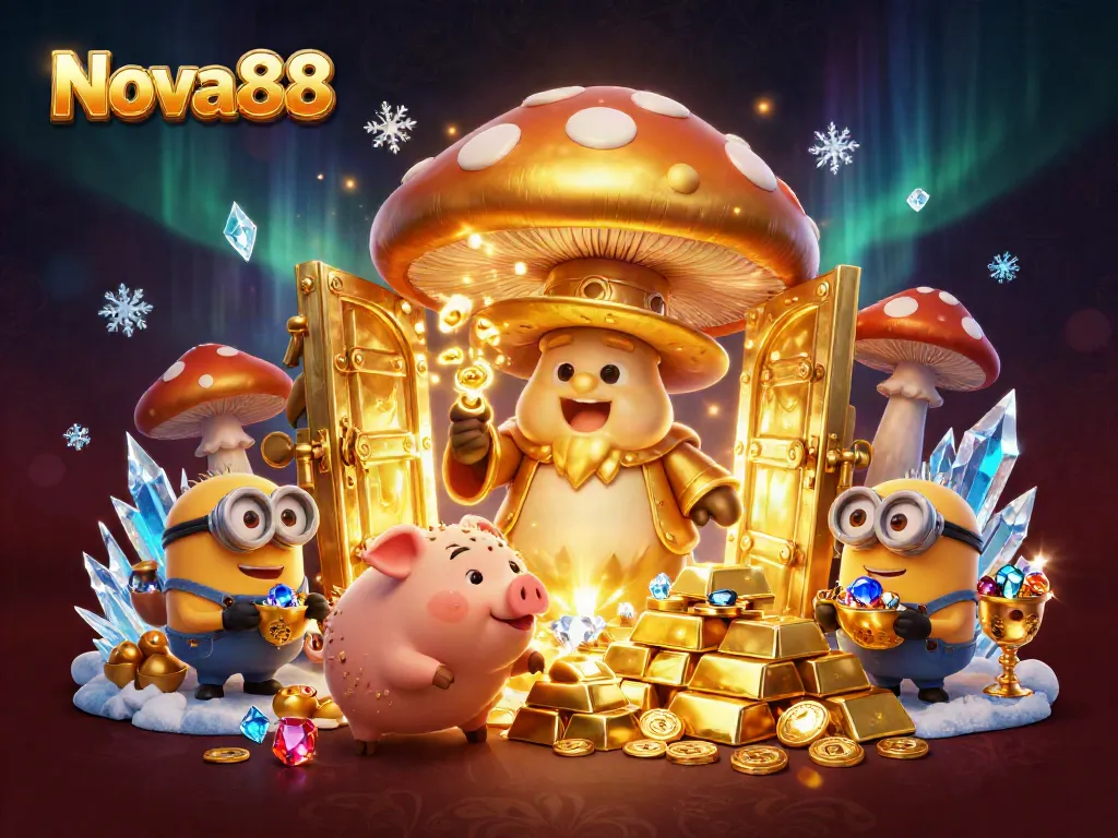 Experience magic and treasure with Nova88's enchanting casino world, featuring a golden wizard and gems.