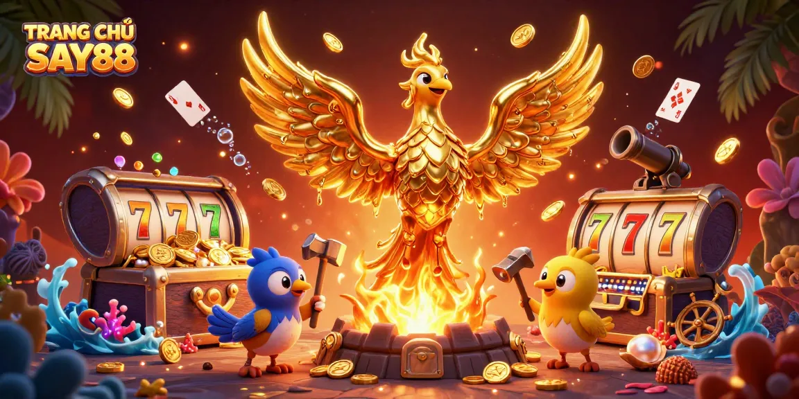 Experience the excitement of TRANG CHỦ SAY88 with a dynamic illustration of gaming rewards and vibrant elements.