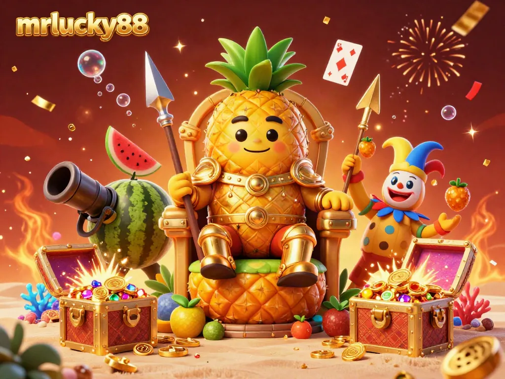 Experience the thrilling energy of mrlucky88 with a vibrant casino scene featuring a golden pineapple king and treasure.