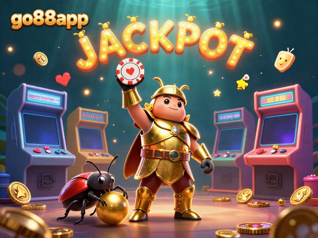 Experience go88app's thrilling gaming atmosphere with a victorious golden beetle and vibrant arcade machines.