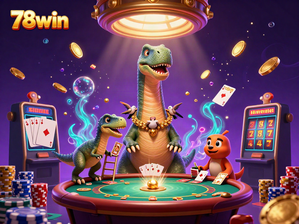 Engaging 78win casino scene with a tall brontosaurus interacting with otters and dynamic gaming elements.