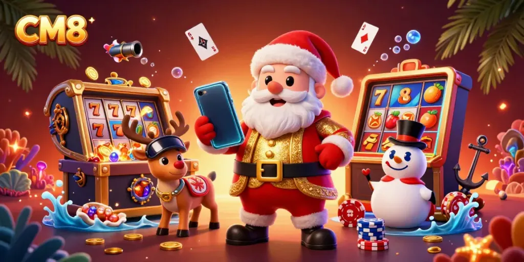 Experience thrilling slots at CM8 with Santa Claus, a reindeer dealer, and a poker chip snowman.